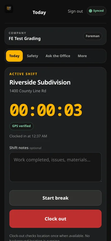 DigProof phone app: active shift with running timer and Clock out button